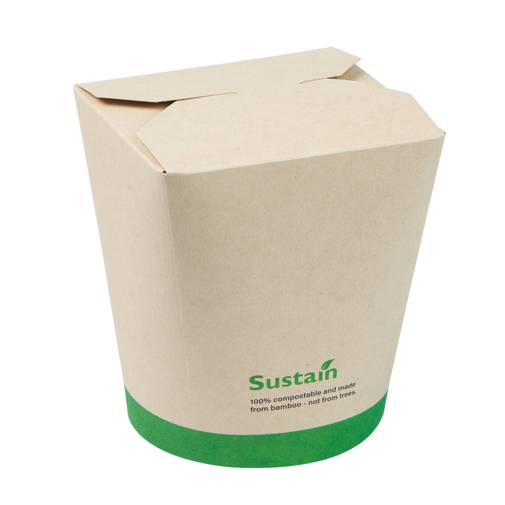 Sustain 32 oz Round Bamboo Paper Noodle Take Out Container - with PLA Lining, Compostable - 4" x 3 1/2" x 4 1/2" - 50 count box