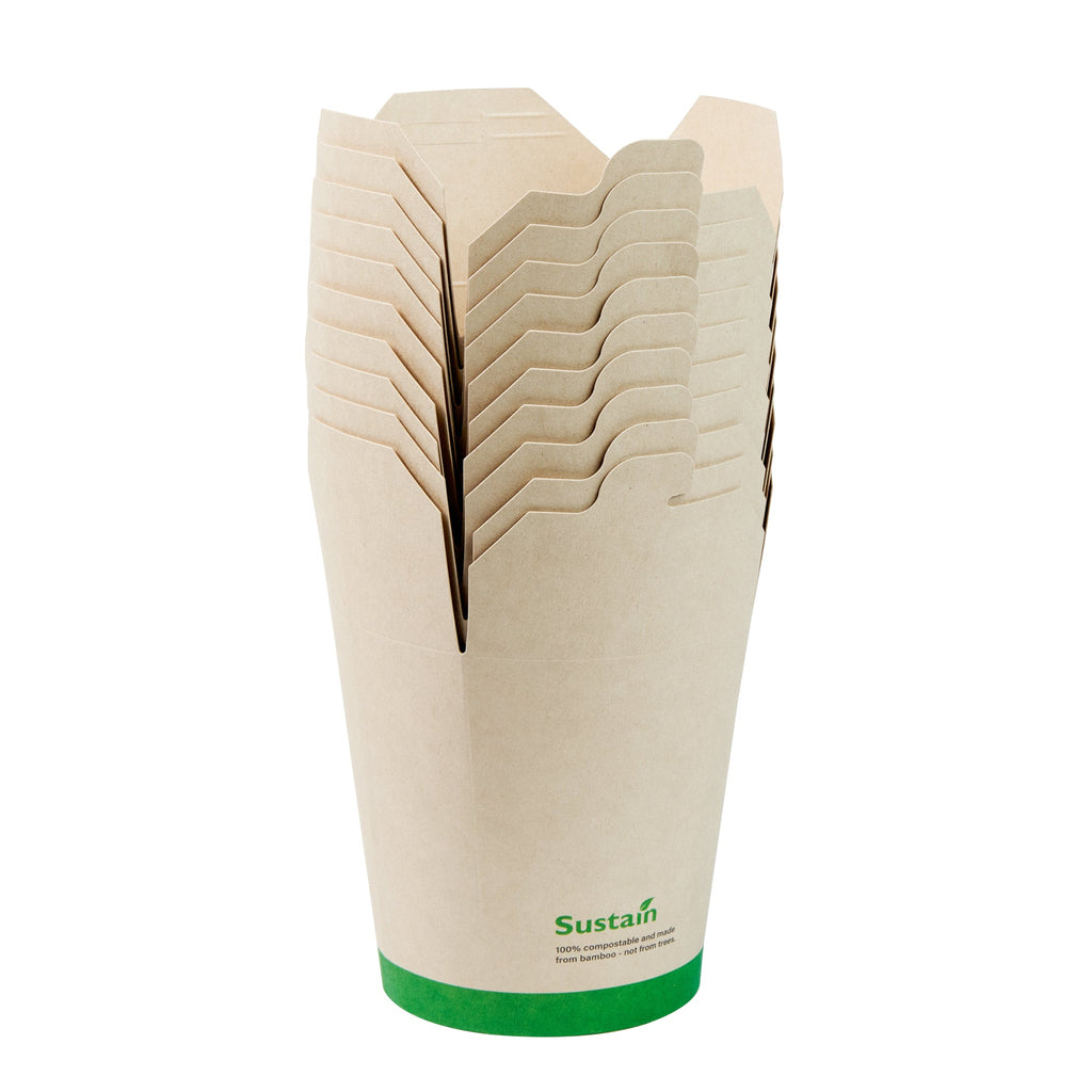 Sustain 32 oz Round Bamboo Paper Noodle Take Out Container - with PLA Lining, Compostable - 4" x 3 1/2" x 4 1/2" - 50 count box