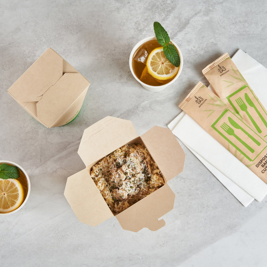 Sustain 32 oz Round Bamboo Paper Noodle Take Out Container - with PLA Lining, Compostable - 4" x 3 1/2" x 4 1/2" - 50 count box