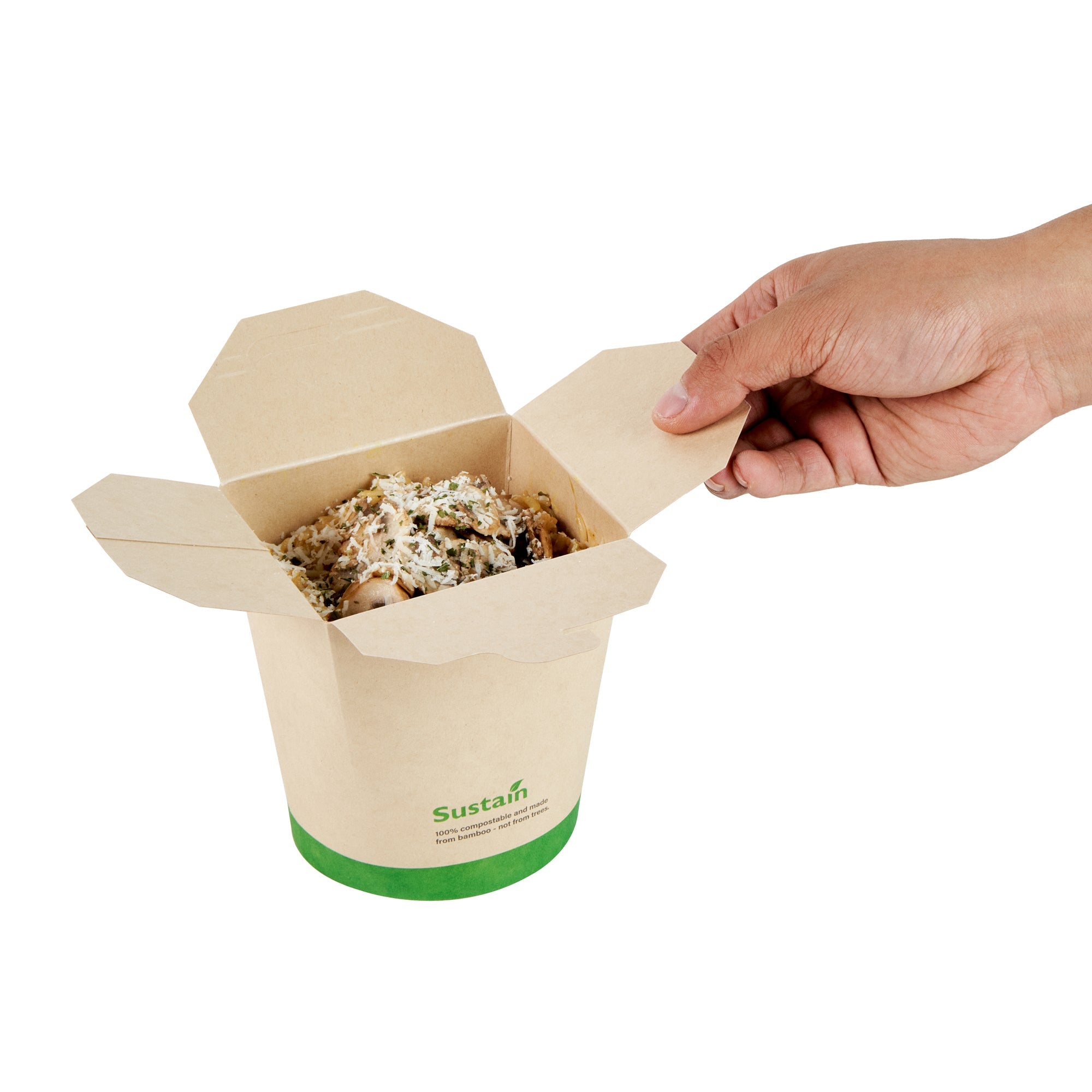 Sustain 32 oz Round Bamboo Paper Noodle Take Out Container - with PLA Lining, Compostable - 4" x 3 1/2" x 4 1/2" - 200 count box