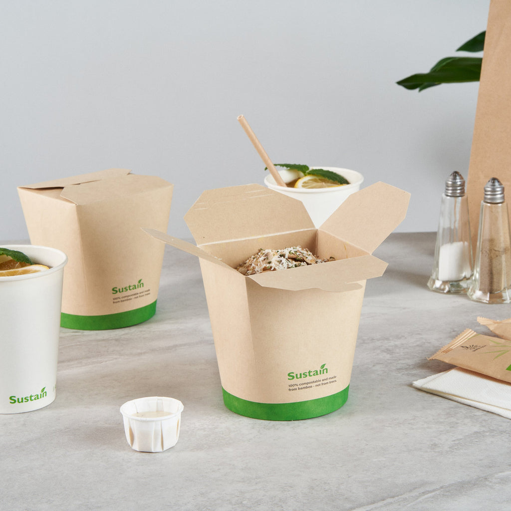 Sustain 32 oz Round Bamboo Paper Noodle Take Out Container - with PLA Lining, Compostable - 4" x 3 1/2" x 4 1/2" - 200 count box