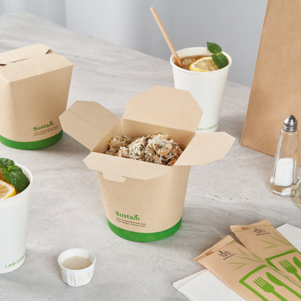 Sustain 32 oz Round Bamboo Paper Noodle Take Out Container - with PLA Lining, Compostable - 4" x 3 1/2" x 4 1/2" - 200 count box