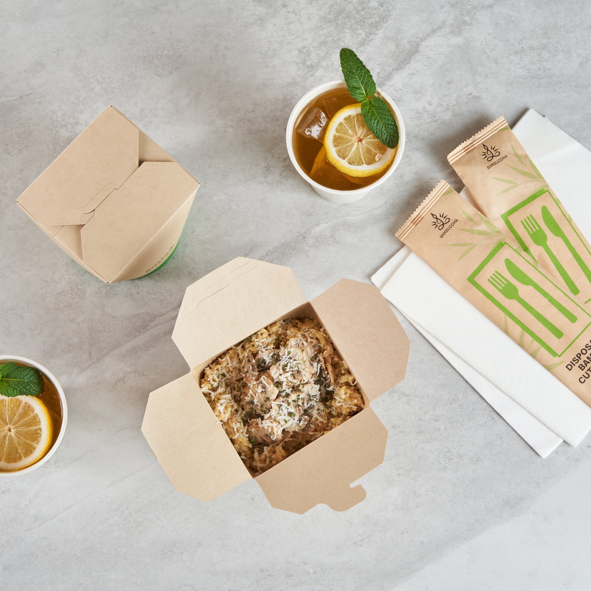 Sustain 32 oz Round Bamboo Paper Noodle Take Out Container - with PLA Lining, Compostable - 4" x 3 1/2" x 4 1/2" - 200 count box