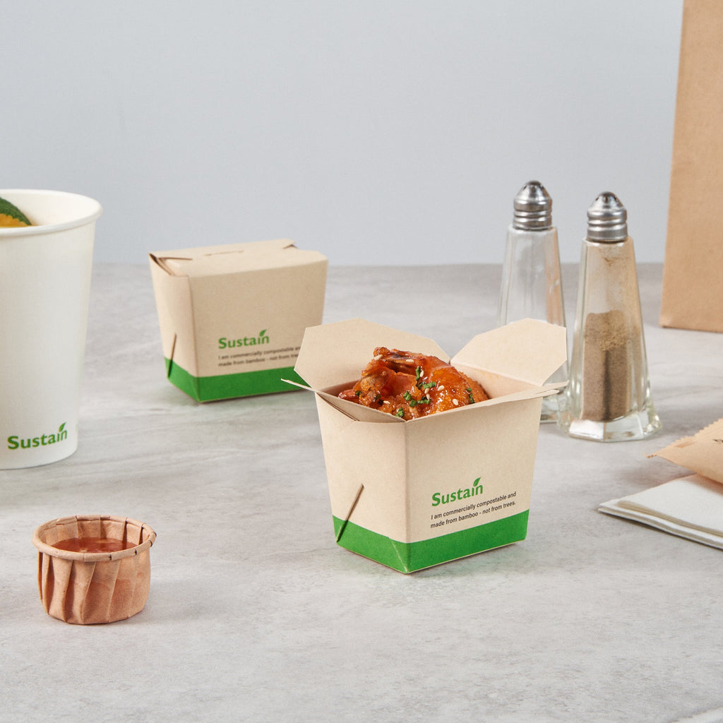 Sustain 8 oz Square Bamboo Paper Noodle Take Out Container - with PLA Lining, Compostable - 2 3/4" x 2 1/4" x 2 1/2" - 50 count box