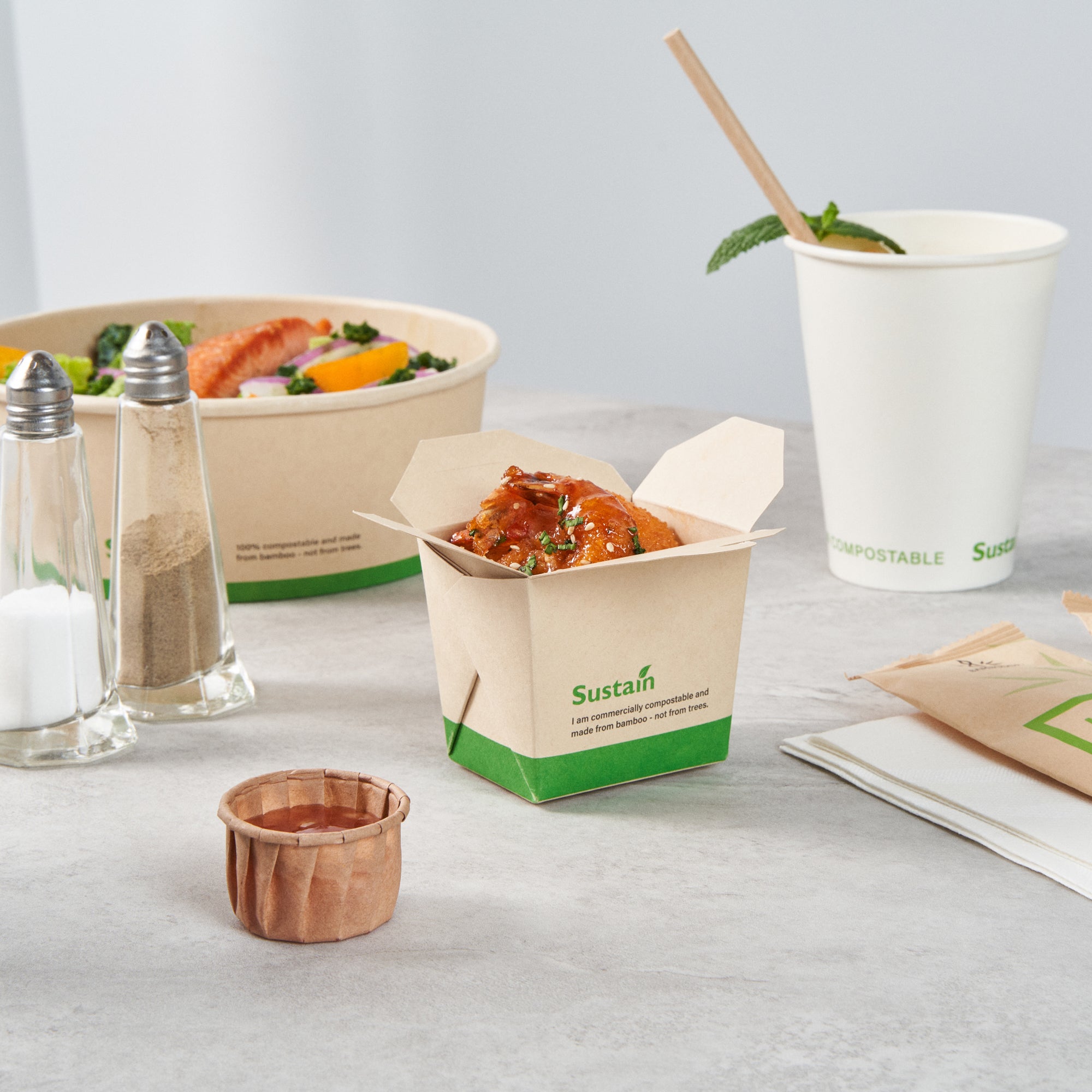 Sustain 8 oz Square Bamboo Paper Noodle Take Out Container - with PLA Lining, Compostable - 2 3/4" x 2 1/4" x 2 1/2" - 50 count box
