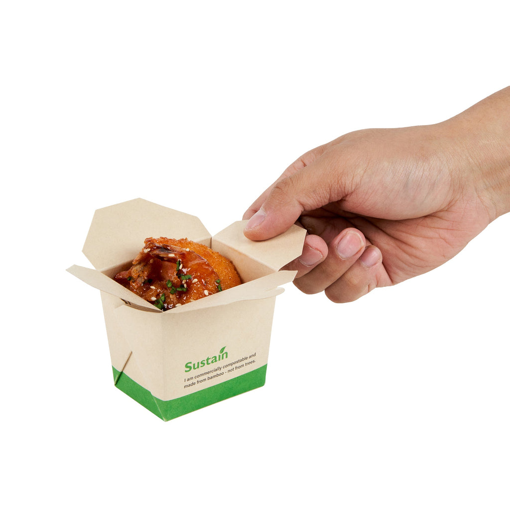 Sustain 8 oz Square Bamboo Paper Noodle Take Out Container - with PLA Lining, Compostable - 2 3/4" x 2 1/4" x 2 1/2" - 200 count box