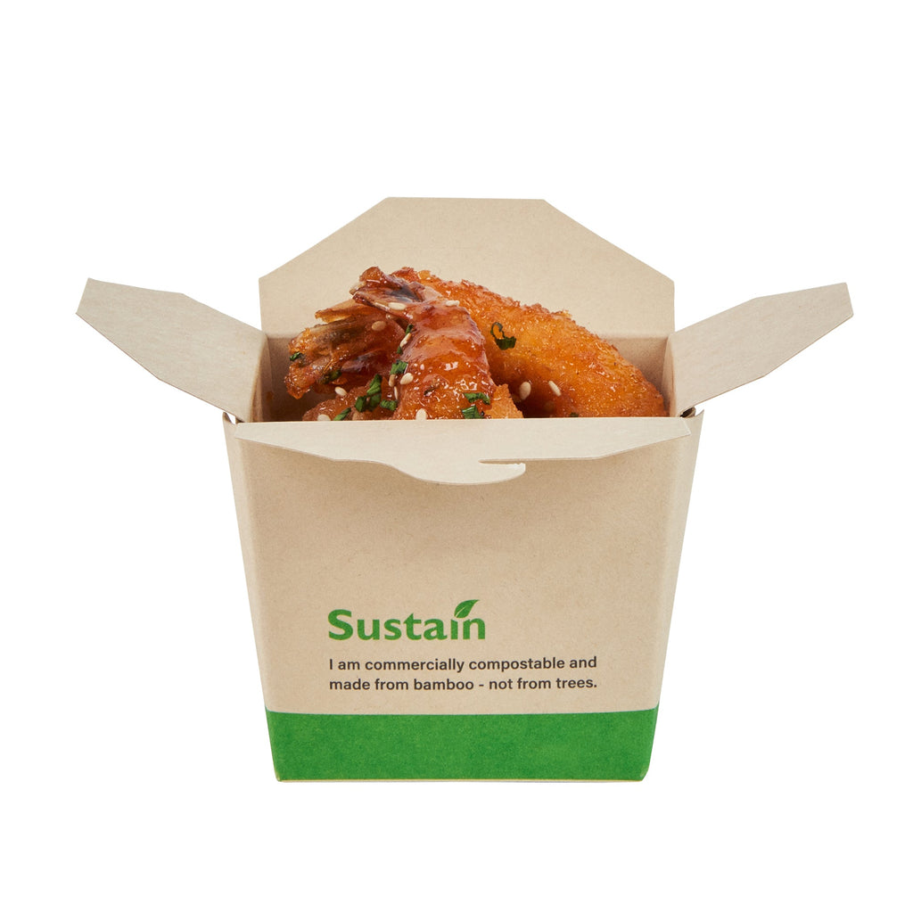 Sustain 8 oz Square Bamboo Paper Noodle Take Out Container - with PLA Lining, Compostable - 2 3/4" x 2 1/4" x 2 1/2" - 200 count box