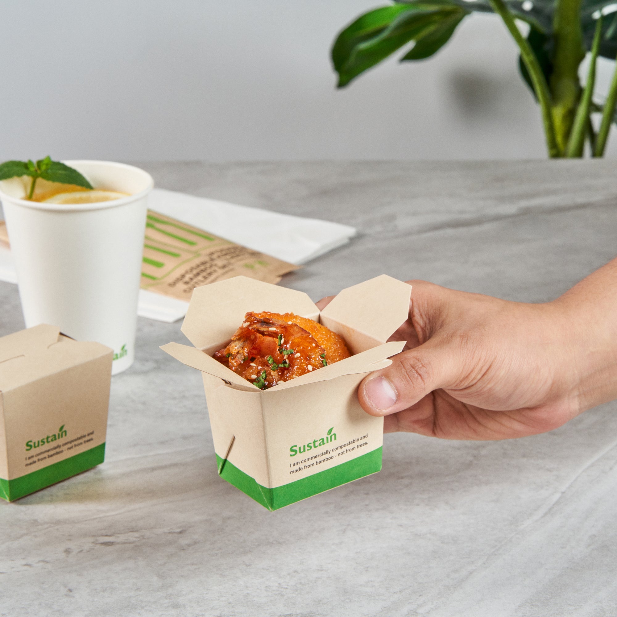 Sustain 8 oz Square Bamboo Paper Noodle Take Out Container - with PLA Lining, Compostable - 2 3/4" x 2 1/4" x 2 1/2" - 200 count box