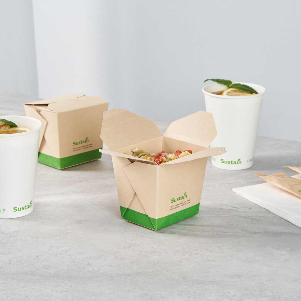 Sustain 16 oz Square Bamboo Paper Noodle Take Out Container - with PLA Lining, Compostable - 3 1/2" x 3" x 3 1/4" - 50 count box