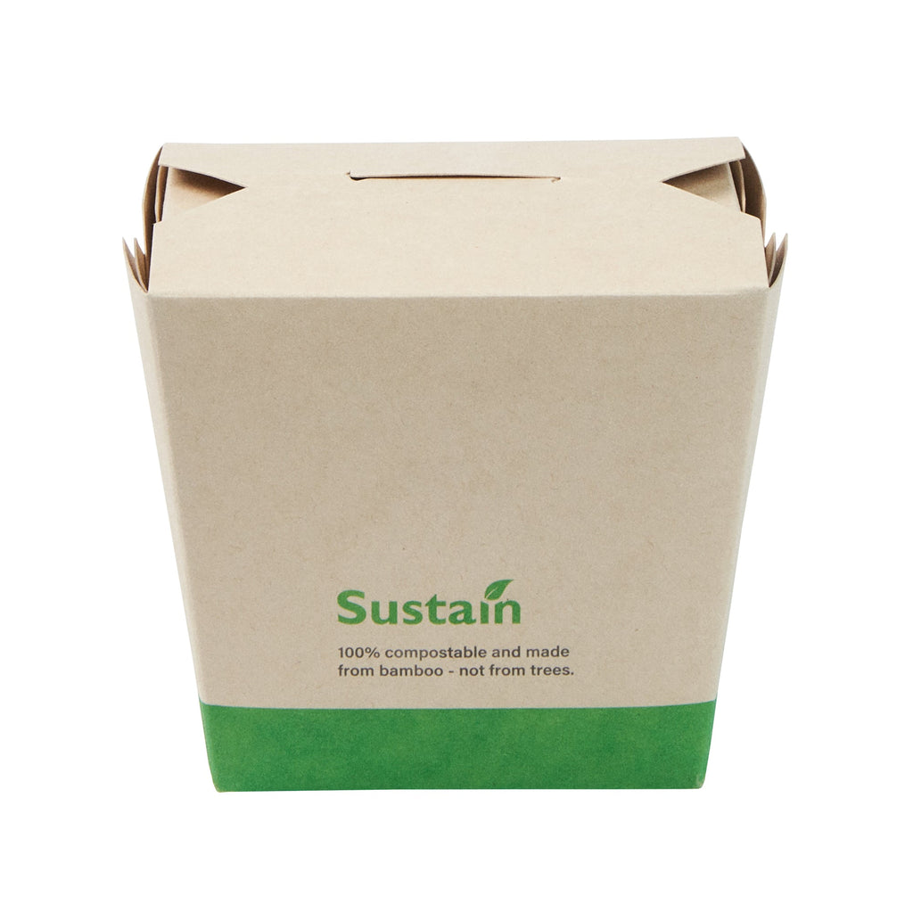 Sustain 16 oz Square Bamboo Paper Noodle Take Out Container - with PLA Lining, Compostable - 3 1/2" x 3" x 3 1/4" - 50 count box