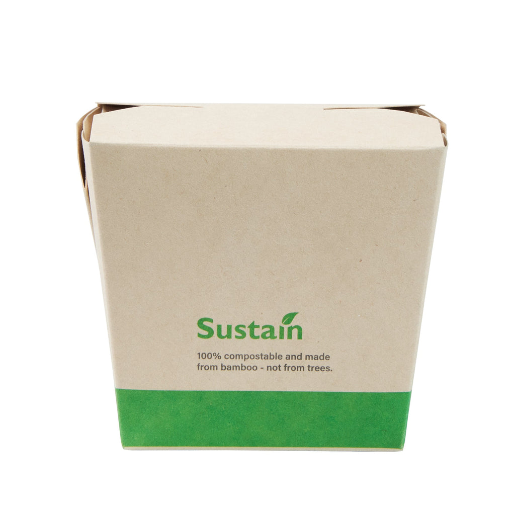 Sustain 16 oz Square Bamboo Paper Noodle Take Out Container - with PLA Lining, Compostable - 3 1/2" x 3" x 3 1/4" - 50 count box