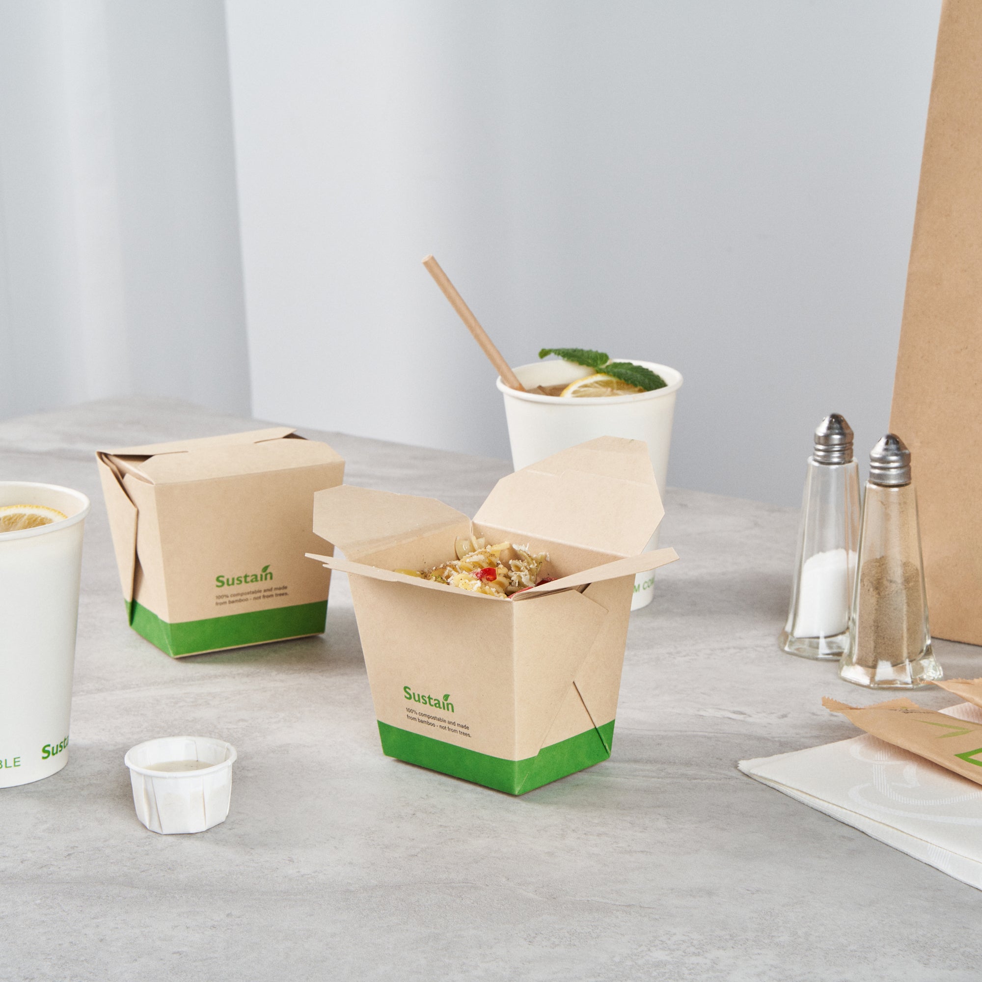 Sustain 16 oz Square Bamboo Paper Noodle Take Out Container - with PLA Lining, Compostable - 3 1/2" x 3" x 3 1/4" - 50 count box