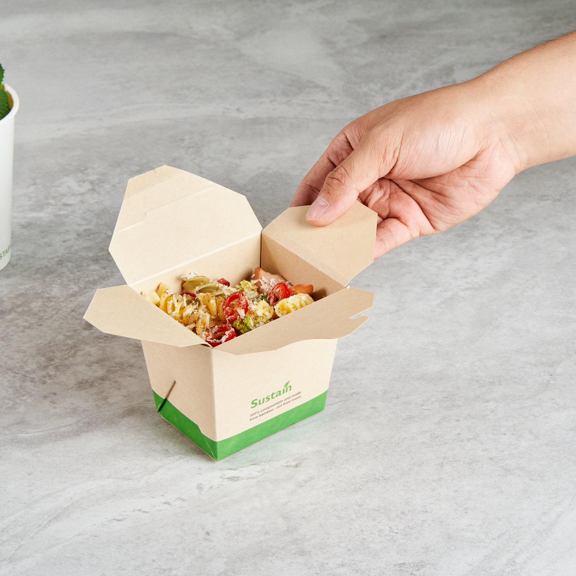 Sustain 16 oz Square Bamboo Paper Noodle Take Out Container - with PLA Lining, Compostable - 3 1/2" x 3" x 3 1/4" - 50 count box