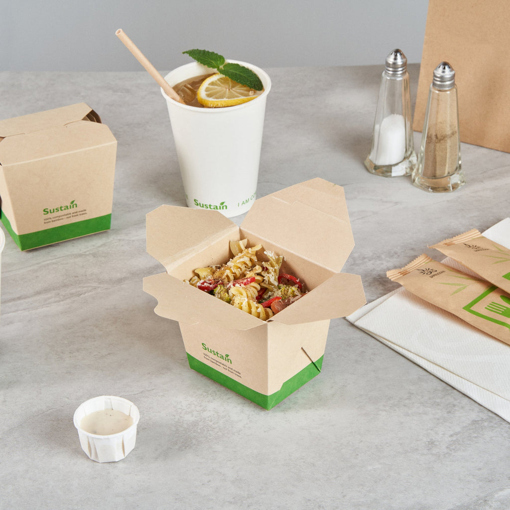Sustain 16 oz Square Bamboo Paper Noodle Take Out Container - with PLA Lining, Compostable - 3 1/2" x 3" x 3 1/4" - 50 count box