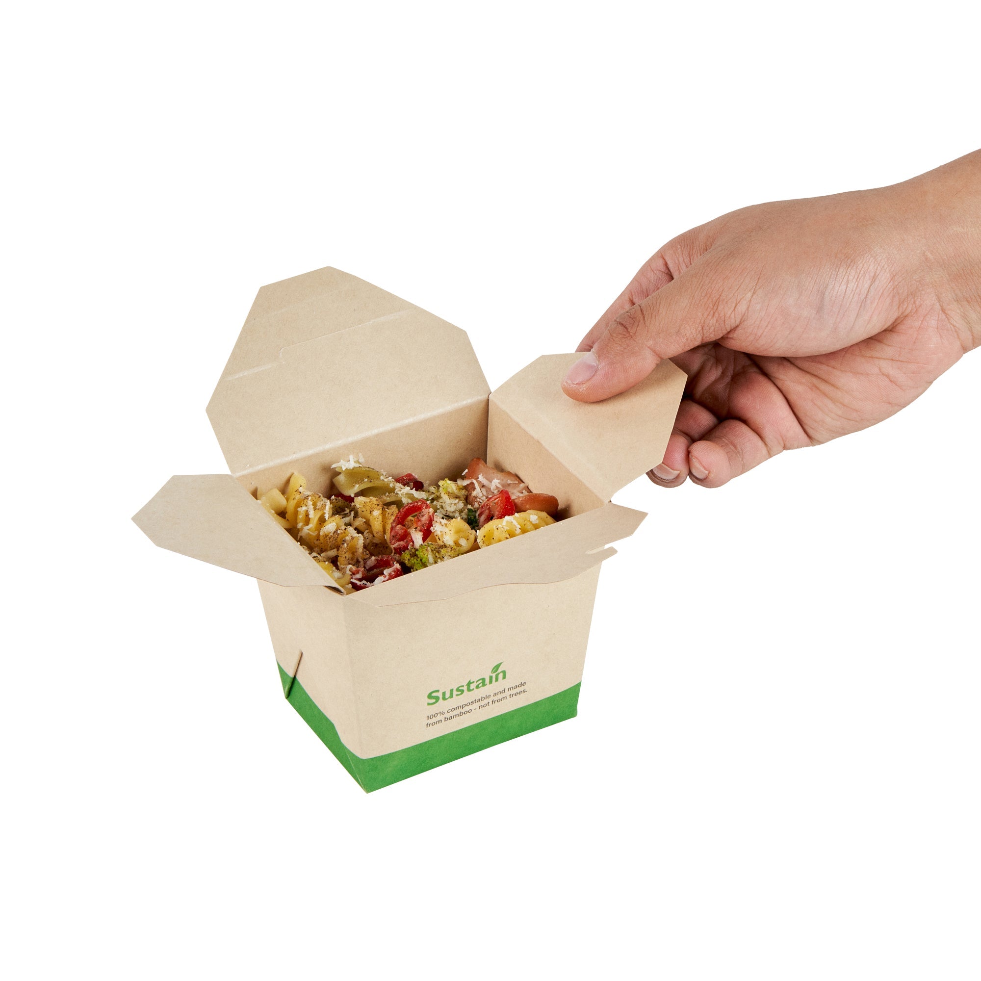 Sustain 16 oz Square Bamboo Paper Noodle Take Out Container - with PLA Lining, Compostable - 3 1/2" x 3" x 3 1/4" - 200 count box