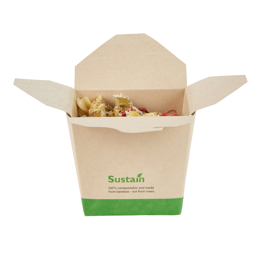 Sustain 16 oz Square Bamboo Paper Noodle Take Out Container - with PLA Lining, Compostable - 3 1/2" x 3" x 3 1/4" - 200 count box