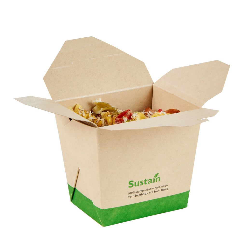 Sustain 16 oz Square Bamboo Paper Noodle Take Out Container - with PLA Lining, Compostable - 3 1/2" x 3" x 3 1/4" - 200 count box