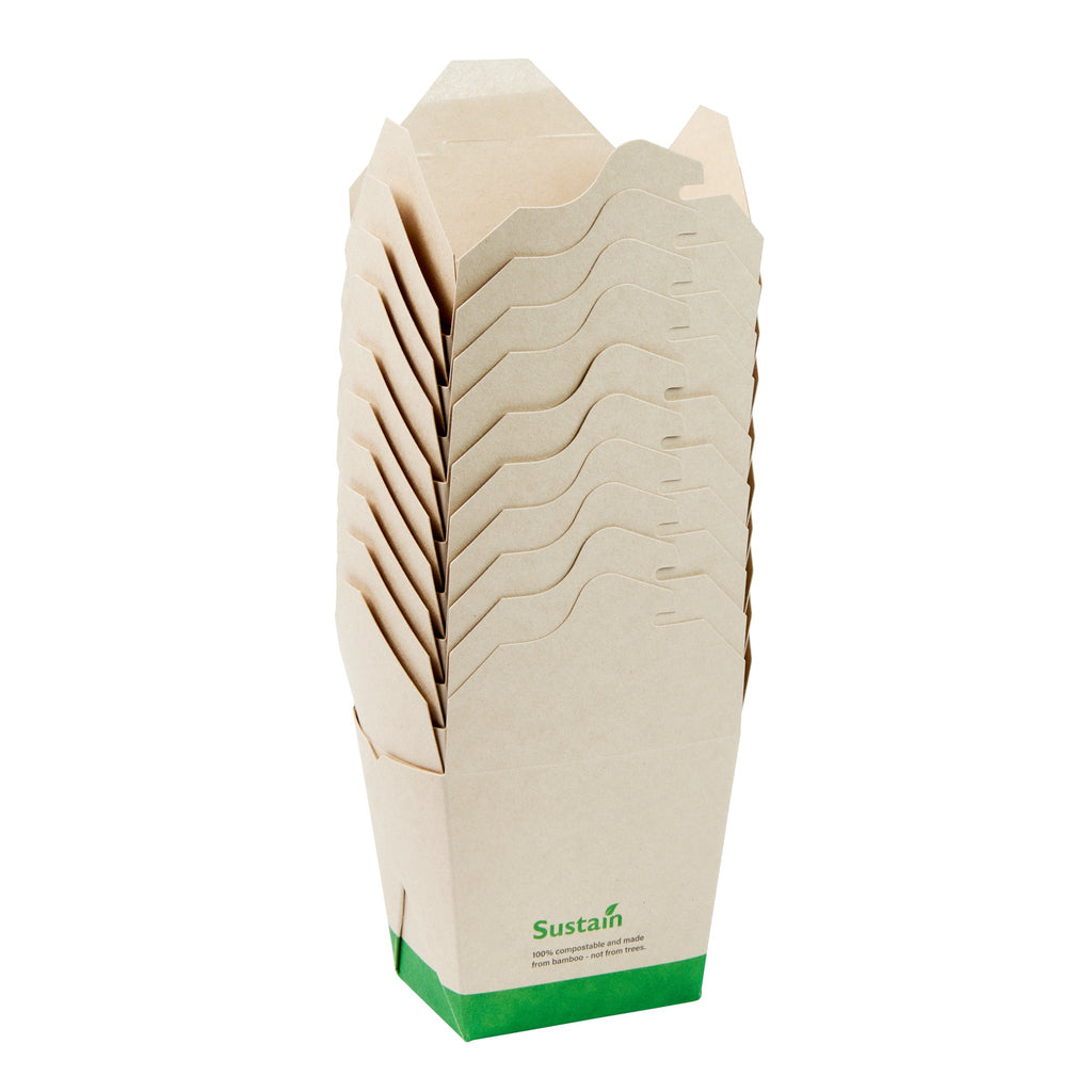 Sustain 16 oz Square Bamboo Paper Noodle Take Out Container - with PLA Lining, Compostable - 3 1/2" x 3" x 3 1/4" - 200 count box