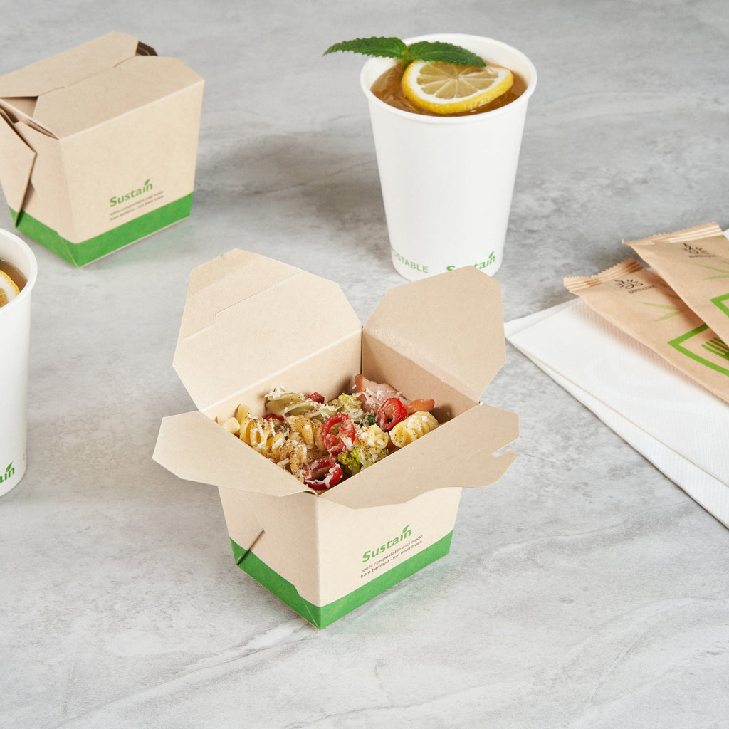 Sustain 16 oz Square Bamboo Paper Noodle Take Out Container - with PLA Lining, Compostable - 3 1/2" x 3" x 3 1/4" - 200 count box