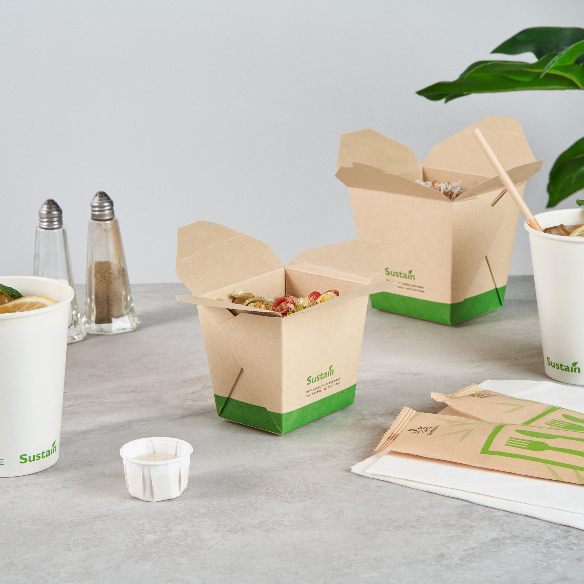 Sustain 16 oz Square Bamboo Paper Noodle Take Out Container - with PLA Lining, Compostable - 3 1/2" x 3" x 3 1/4" - 200 count box
