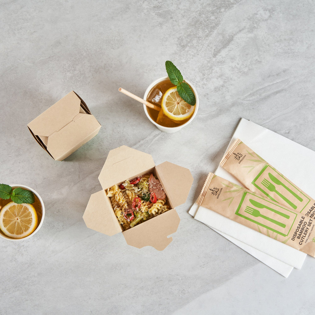 Sustain 16 oz Square Bamboo Paper Noodle Take Out Container - with PLA Lining, Compostable - 3 1/2" x 3" x 3 1/4" - 200 count box