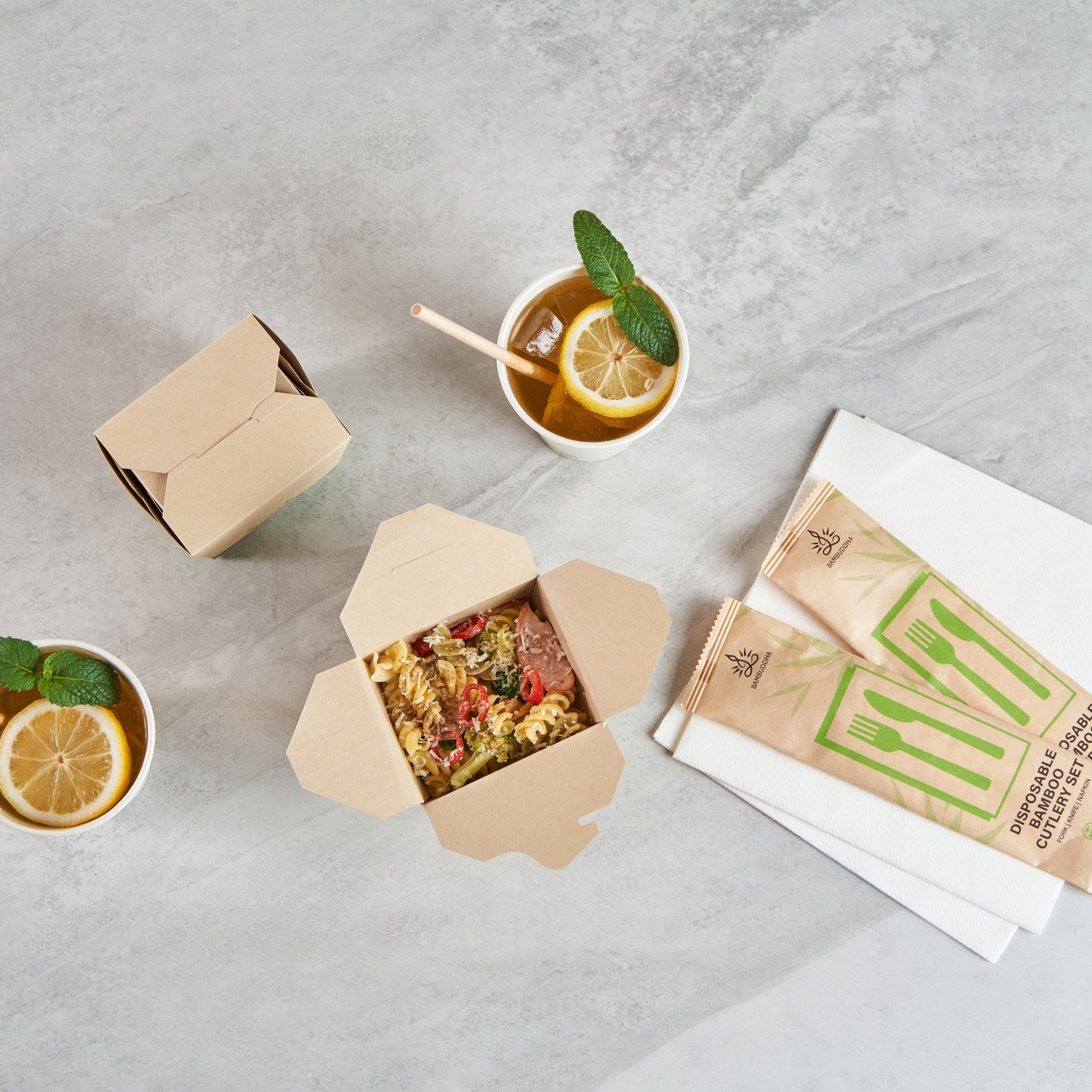 Sustain 16 oz Square Bamboo Paper Noodle Take Out Container - with PLA Lining, Compostable - 3 1/2" x 3" x 3 1/4" - 200 count box