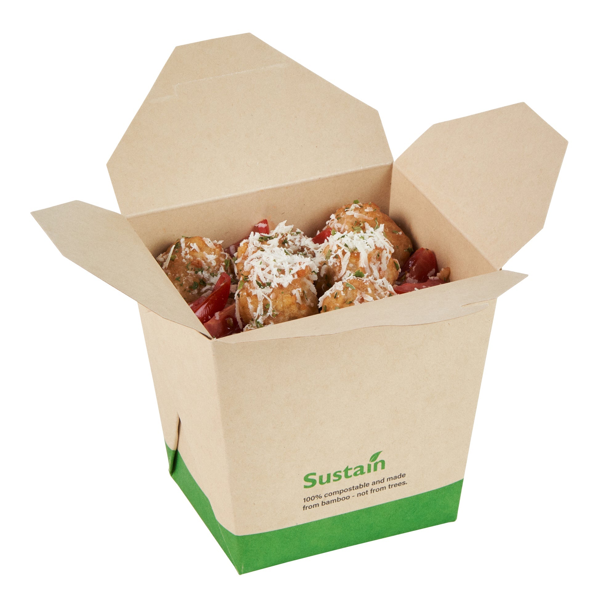 Sustain 26 oz Square Bamboo Paper Noodle Take Out Container - with PLA Lining, Compostable - 4" x 3 1/2" x 4" - 50 count box