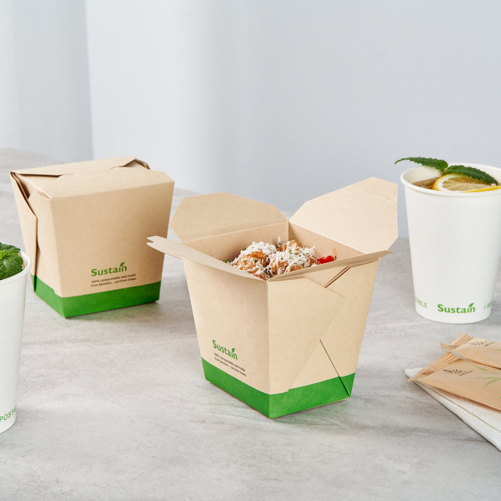Sustain 26 oz Square Bamboo Paper Noodle Take Out Container - with PLA Lining, Compostable - 4" x 3 1/2" x 4" - 50 count box