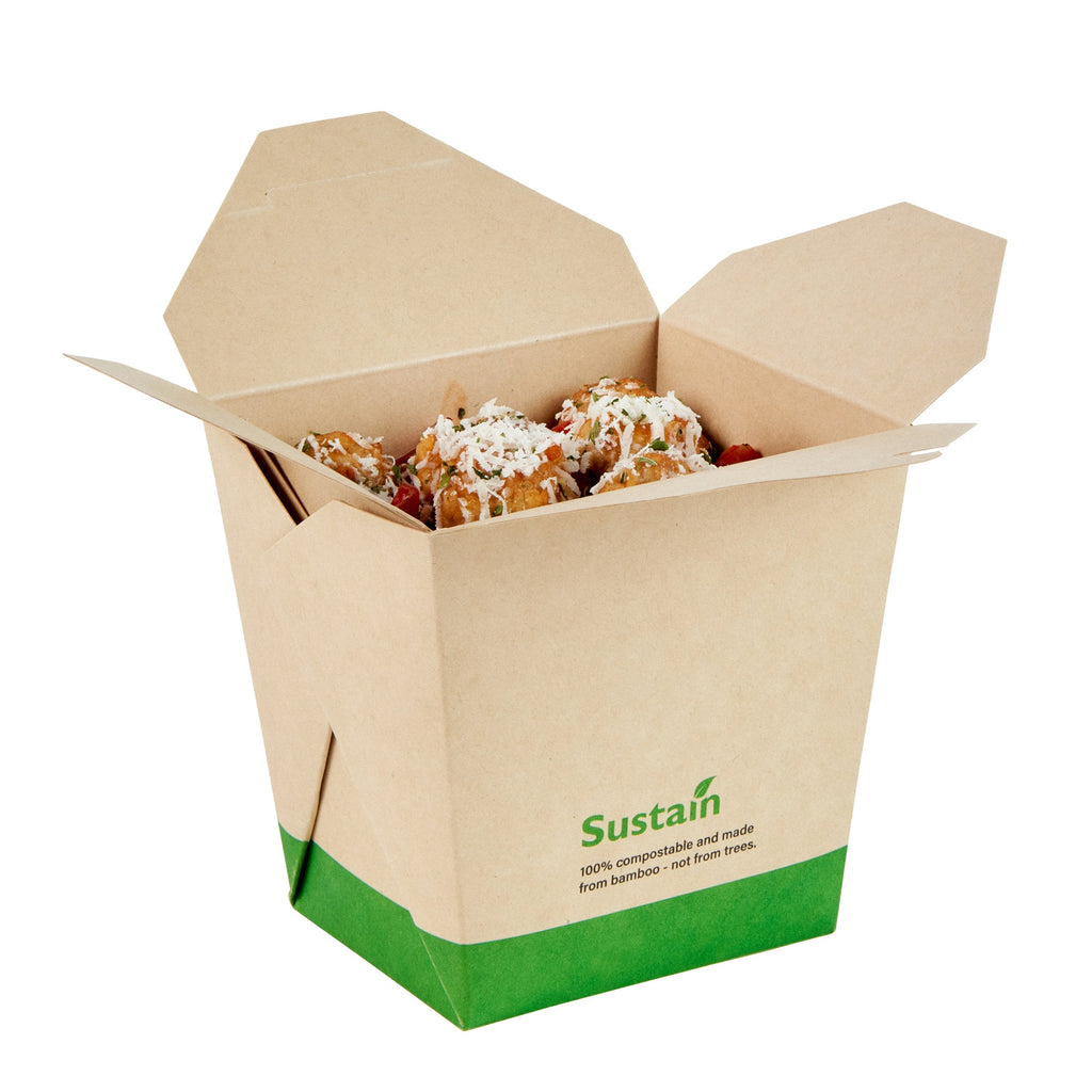 Sustain 26 oz Square Bamboo Paper Noodle Take Out Container - with PLA Lining, Compostable - 4" x 3 1/2" x 4" - 50 count box