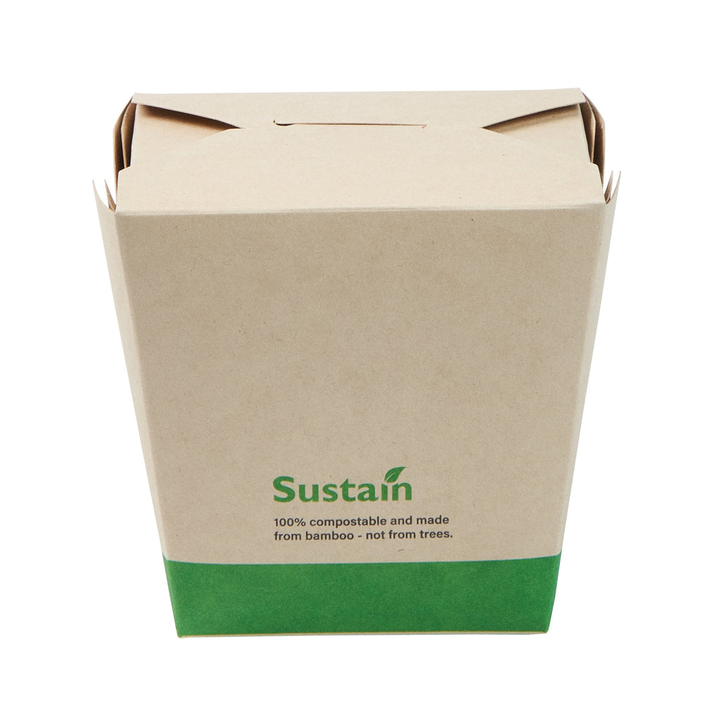 Sustain 26 oz Square Bamboo Paper Noodle Take Out Container - with PLA Lining, Compostable - 4" x 3 1/2" x 4" - 50 count box