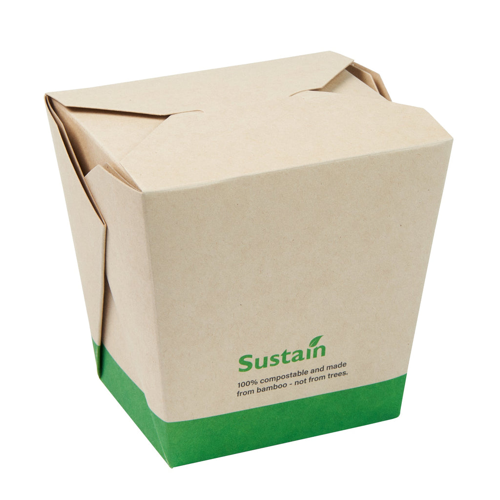 Sustain 26 oz Square Bamboo Paper Noodle Take Out Container - with PLA Lining, Compostable - 4" x 3 1/2" x 4" - 50 count box