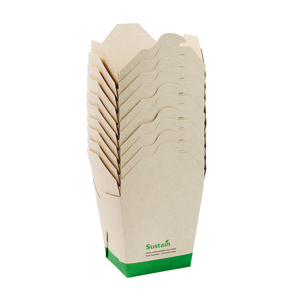 Sustain 26 oz Square Bamboo Paper Noodle Take Out Container - with PLA Lining, Compostable - 4" x 3 1/2" x 4" - 50 count box