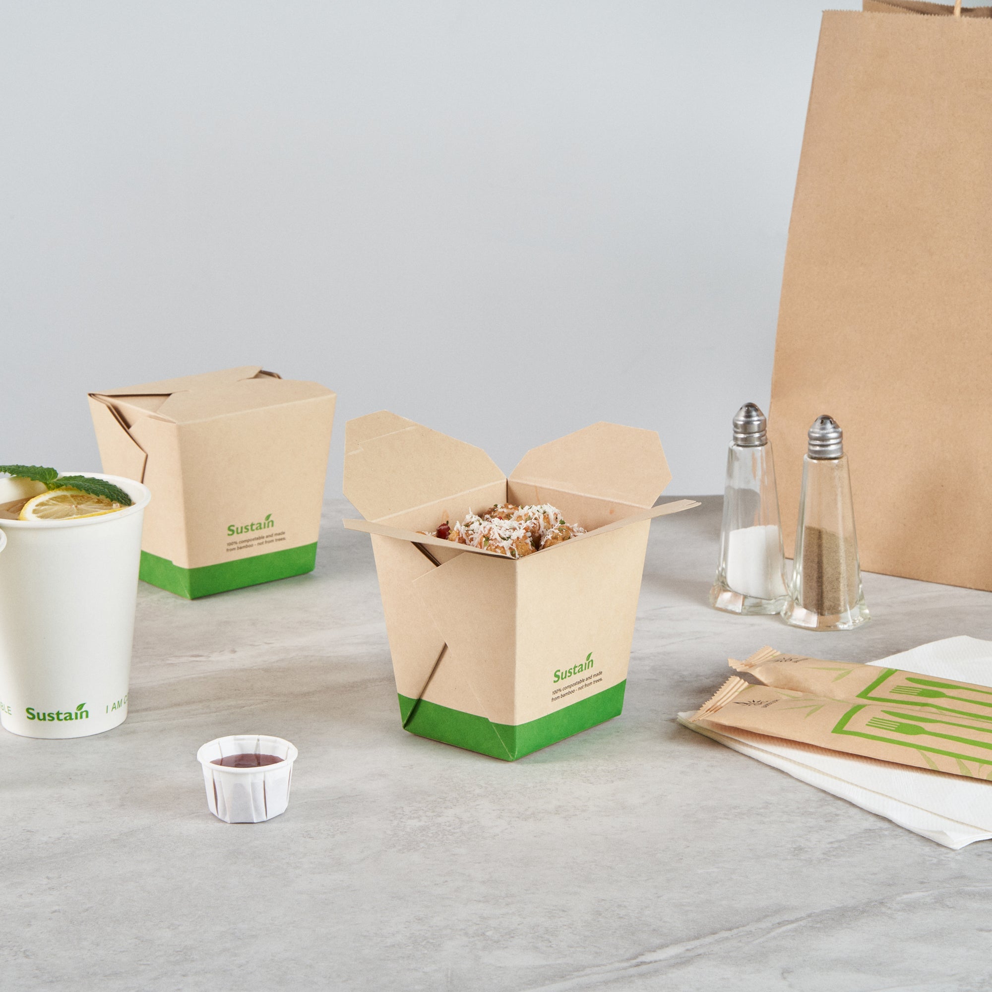 Sustain 26 oz Square Bamboo Paper Noodle Take Out Container - with PLA Lining, Compostable - 4" x 3 1/2" x 4" - 50 count box