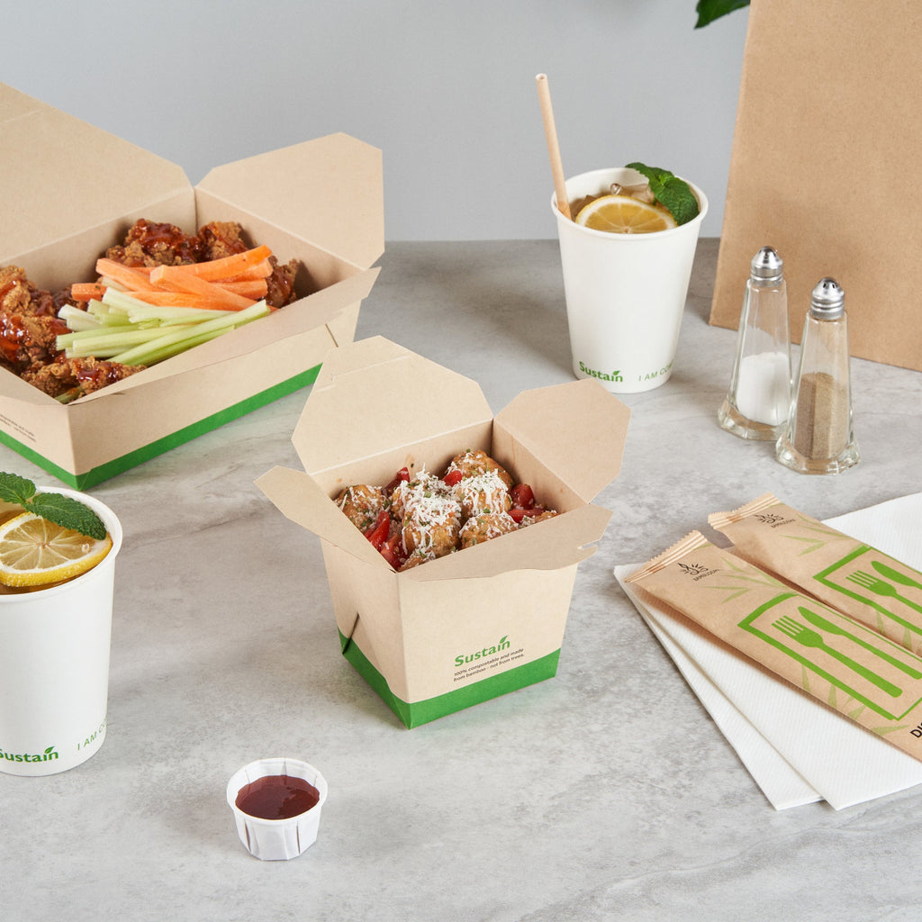 Sustain 26 oz Square Bamboo Paper Noodle Take Out Container - with PLA Lining, Compostable - 4" x 3 1/2" x 4" - 50 count box