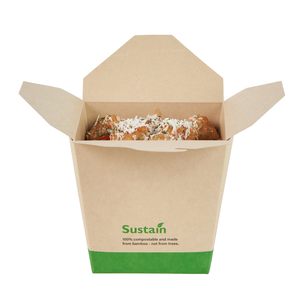 Sustain 26 oz Square Bamboo Paper Noodle Take Out Container - with PLA Lining, Compostable - 4" x 3 1/2" x 4" - 200 count box