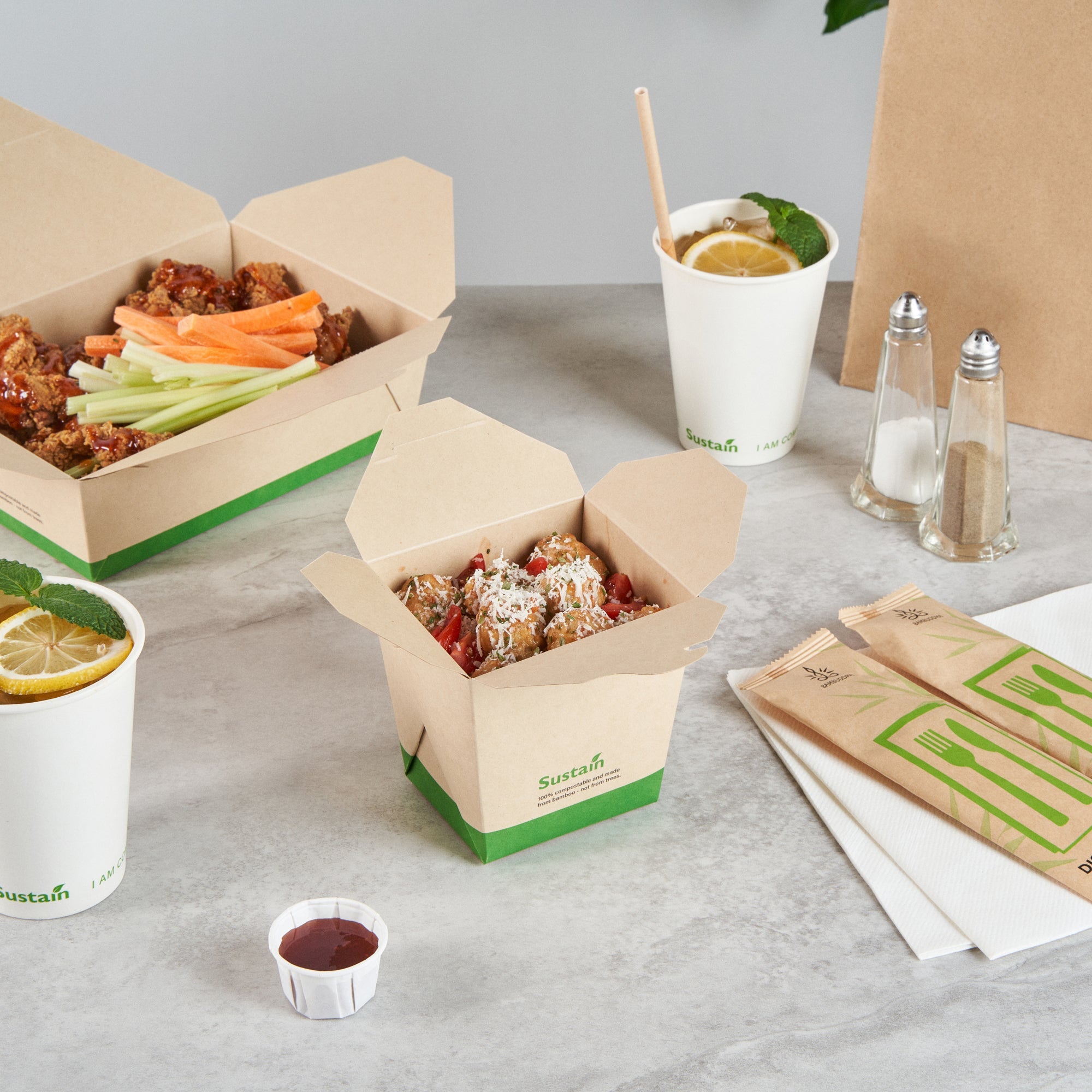 Sustain 26 oz Square Bamboo Paper Noodle Take Out Container - with PLA Lining, Compostable - 4" x 3 1/2" x 4" - 200 count box