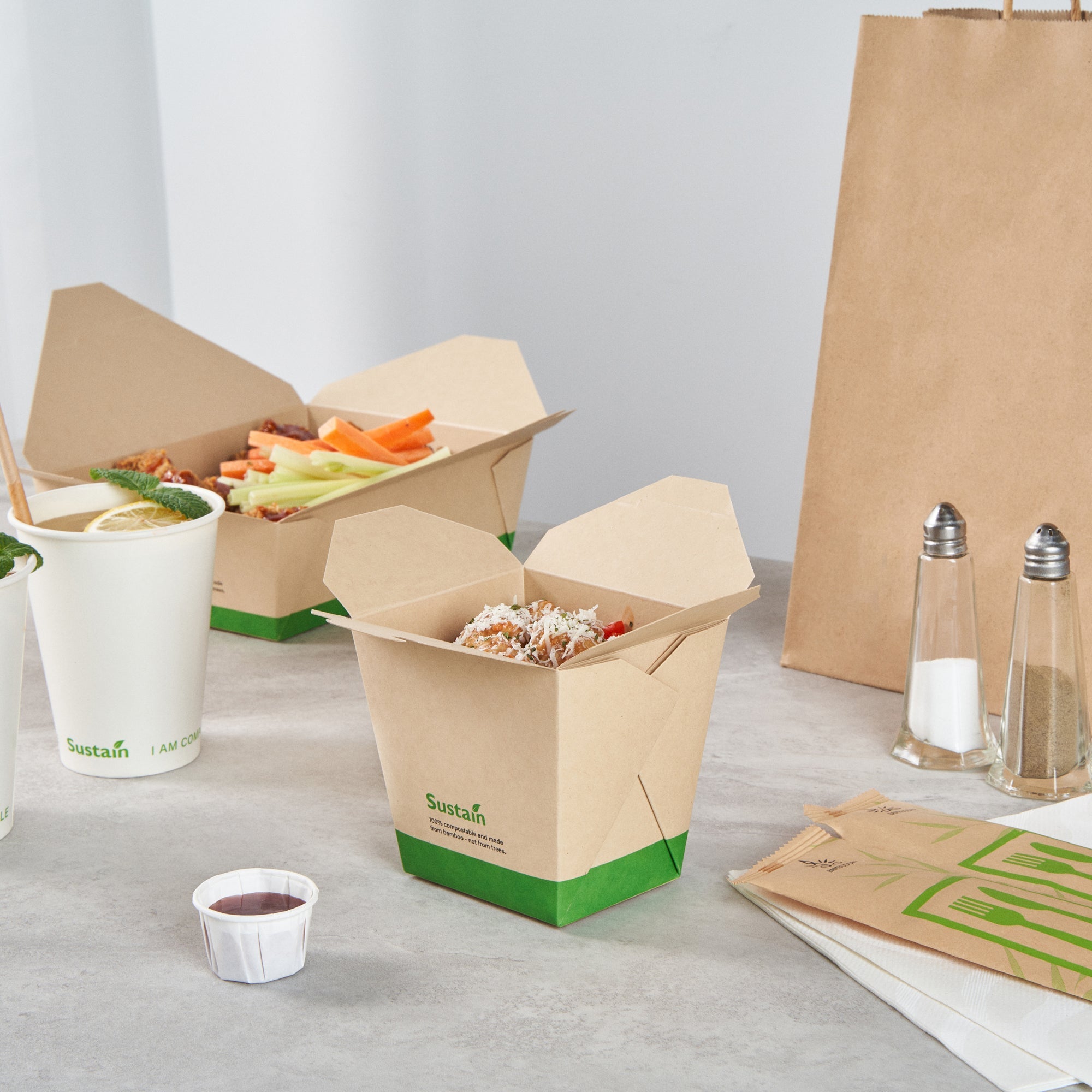Sustain 26 oz Square Bamboo Paper Noodle Take Out Container - with PLA Lining, Compostable - 4" x 3 1/2" x 4" - 200 count box