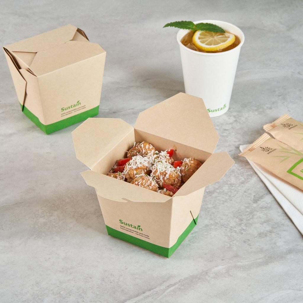 Sustain 26 oz Square Bamboo Paper Noodle Take Out Container - with PLA Lining, Compostable - 4" x 3 1/2" x 4" - 200 count box