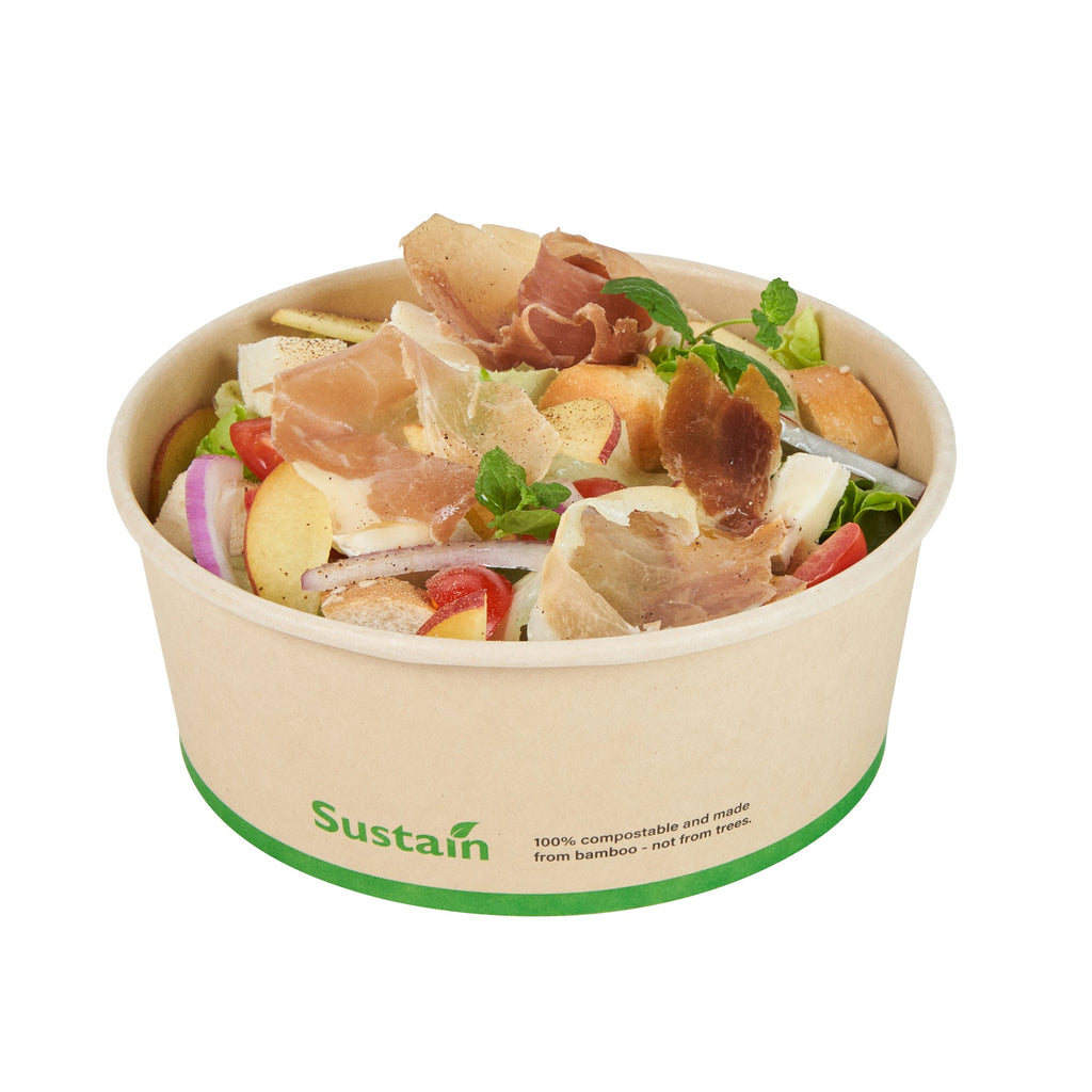 Sustain 25 oz Round Bamboo Paper Salad Container - with PLA Lining, Compostable - 6" x 6" x 2 1/2" - 50 count box