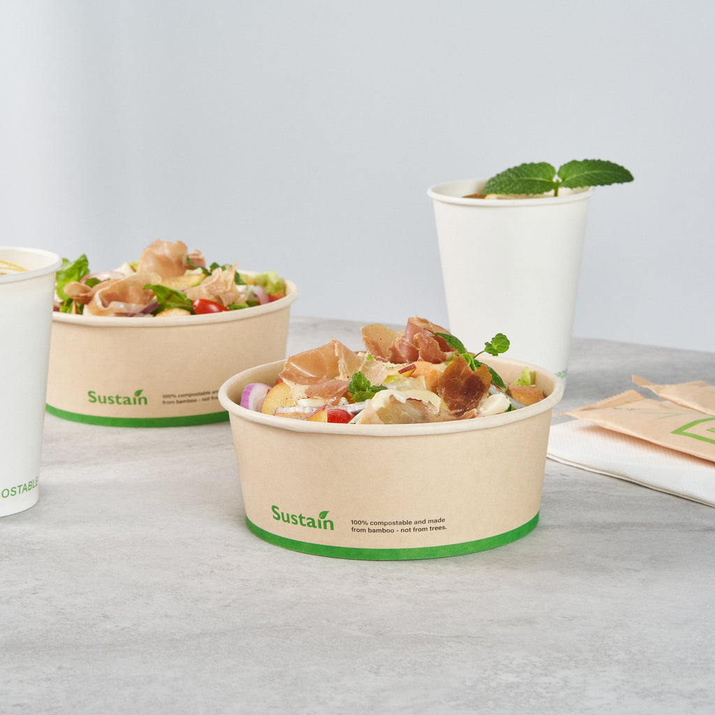 Sustain 25 oz Round Bamboo Paper Salad Container - with PLA Lining, Compostable - 6" x 6" x 2 1/2" - 50 count box