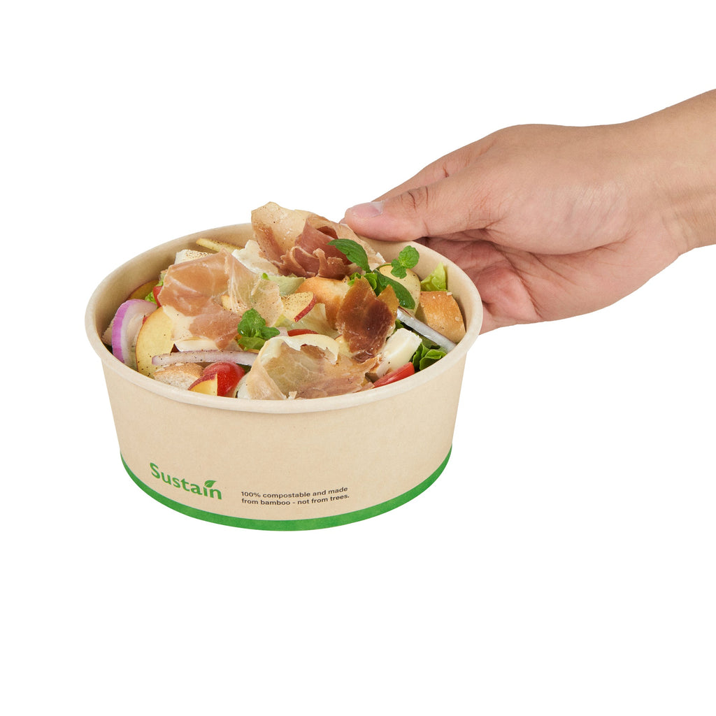 Sustain 25 oz Round Bamboo Paper Salad Container - with PLA Lining, Compostable - 6" x 6" x 2 1/2" - 50 count box