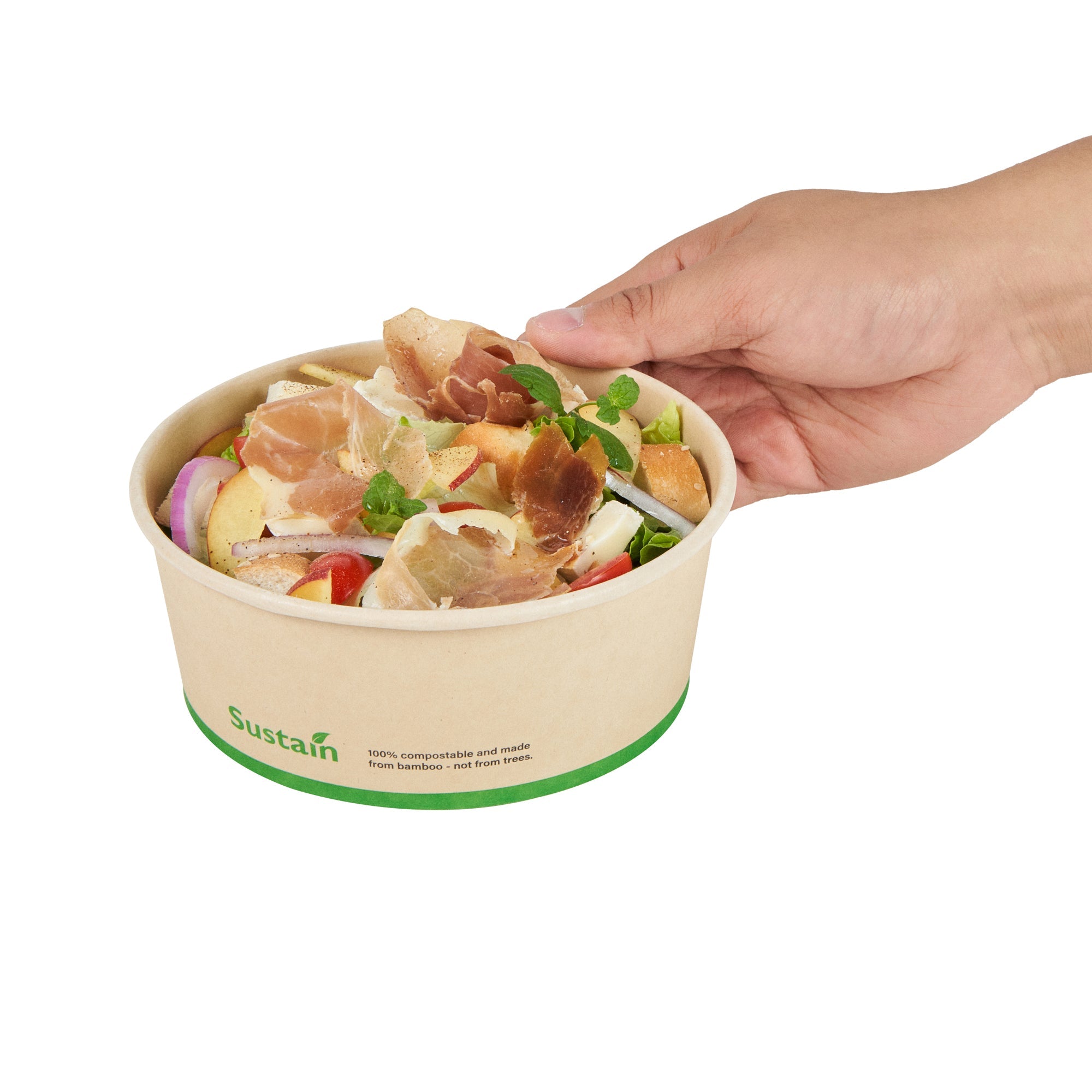 Sustain 25 oz Round Bamboo Paper Salad Container - with PLA Lining, Compostable - 6" x 6" x 2 1/2" - 50 count box