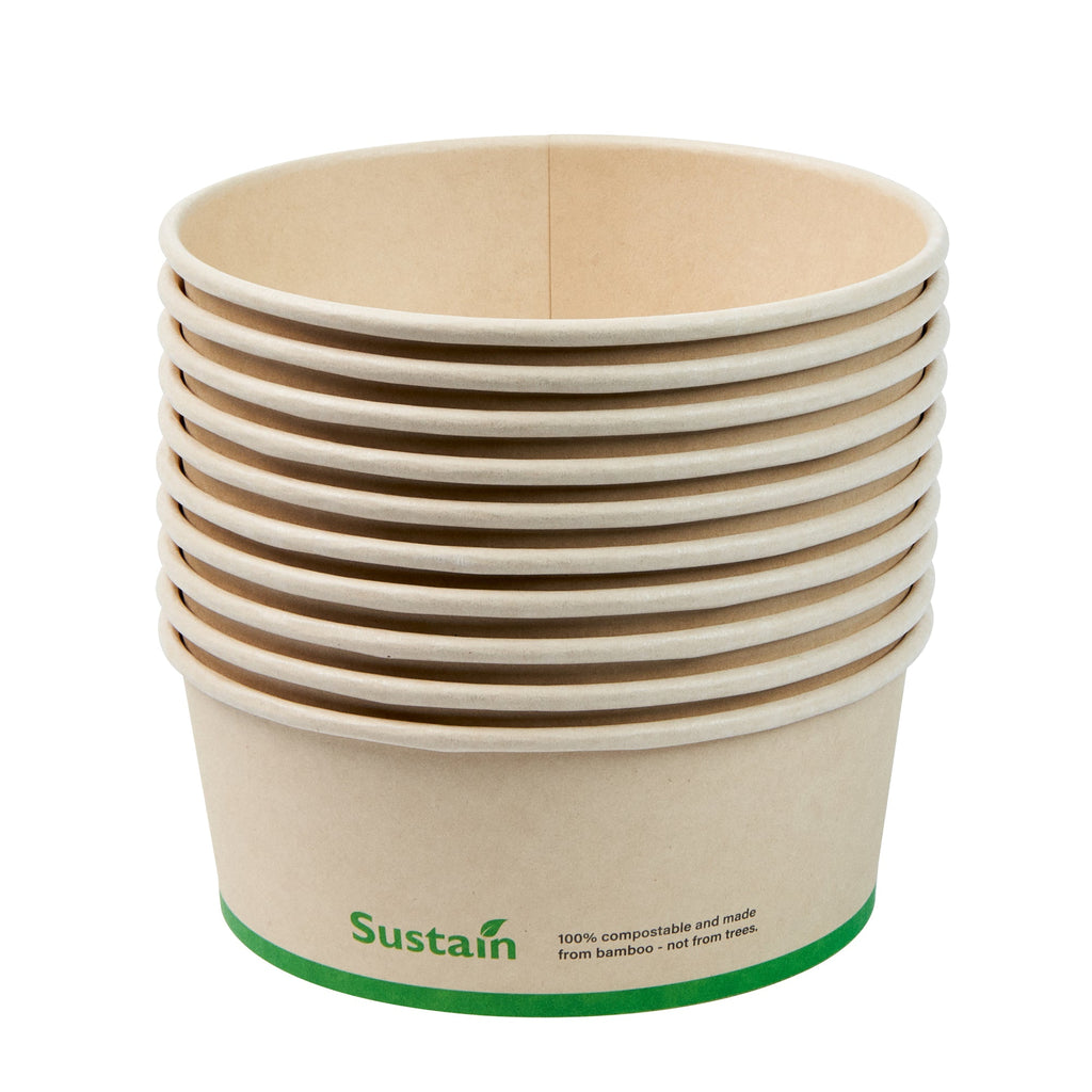 Sustain 25 oz Round Bamboo Paper Salad Container - with PLA Lining, Compostable - 6" x 6" x 2 1/2" - 50 count box