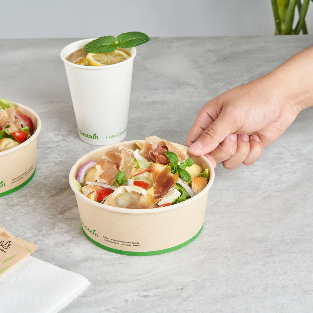 Sustain 25 oz Round Bamboo Paper Salad Container - with PLA Lining, Compostable - 6" x 6" x 2 1/2" - 50 count box