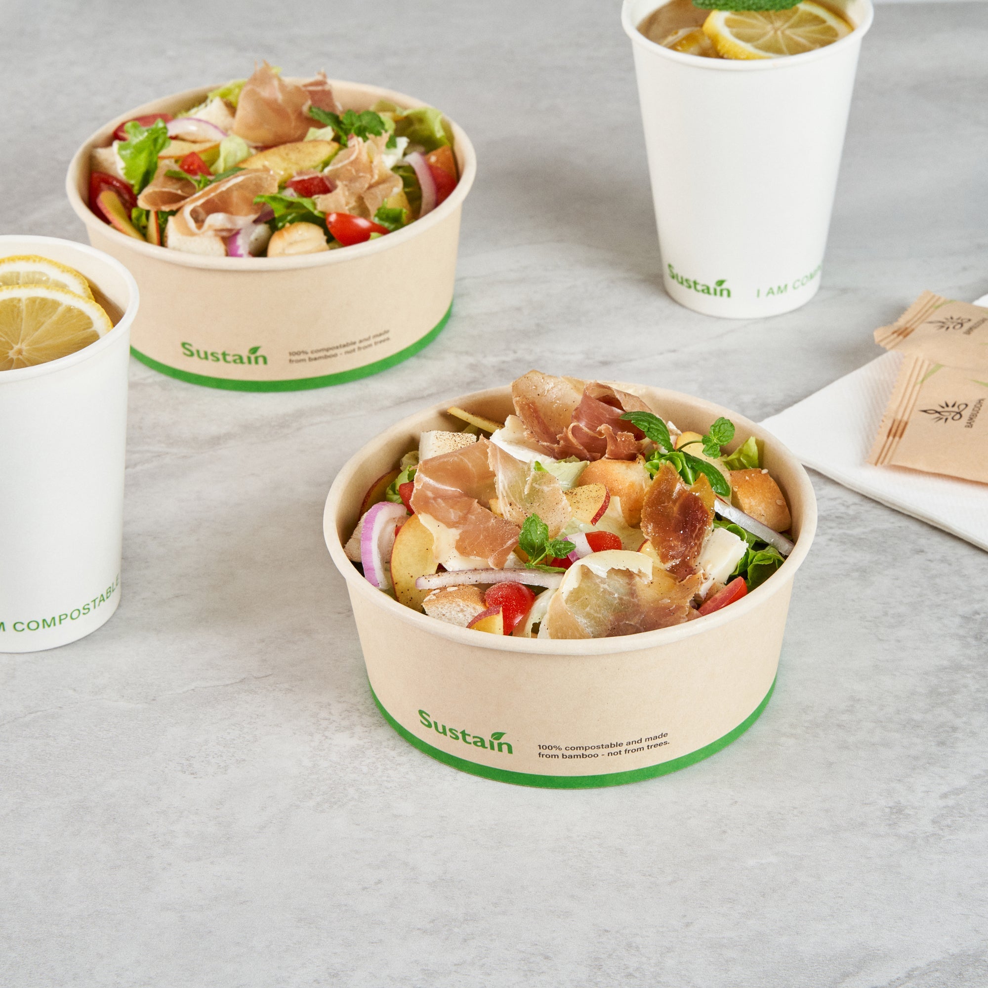 Sustain 25 oz Round Bamboo Paper Salad Container - with PLA Lining, Compostable - 6" x 6" x 2 1/2" - 50 count box