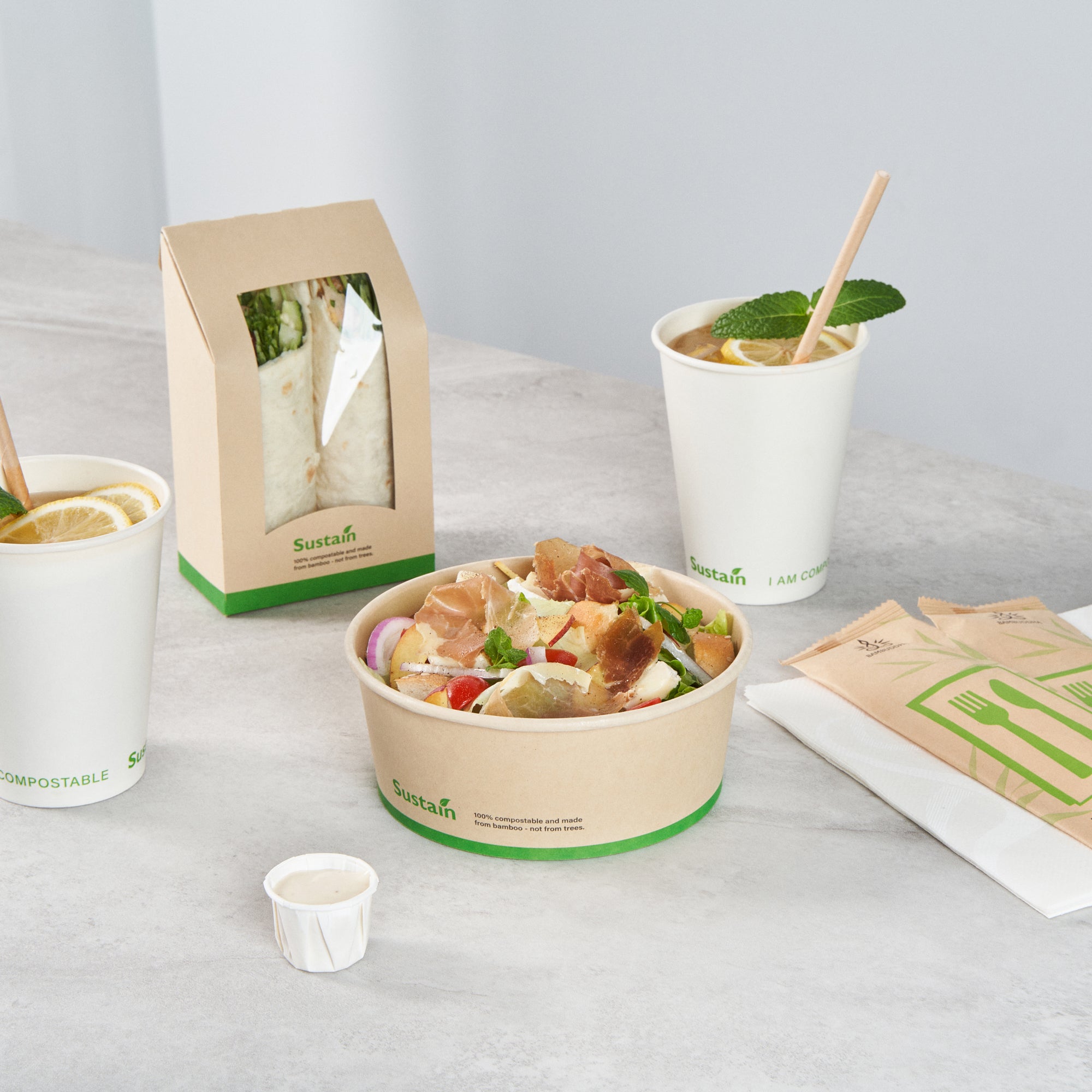 Sustain 25 oz Round Bamboo Paper Salad Container - with PLA Lining, Compostable - 6" x 6" x 2 1/2" - 50 count box