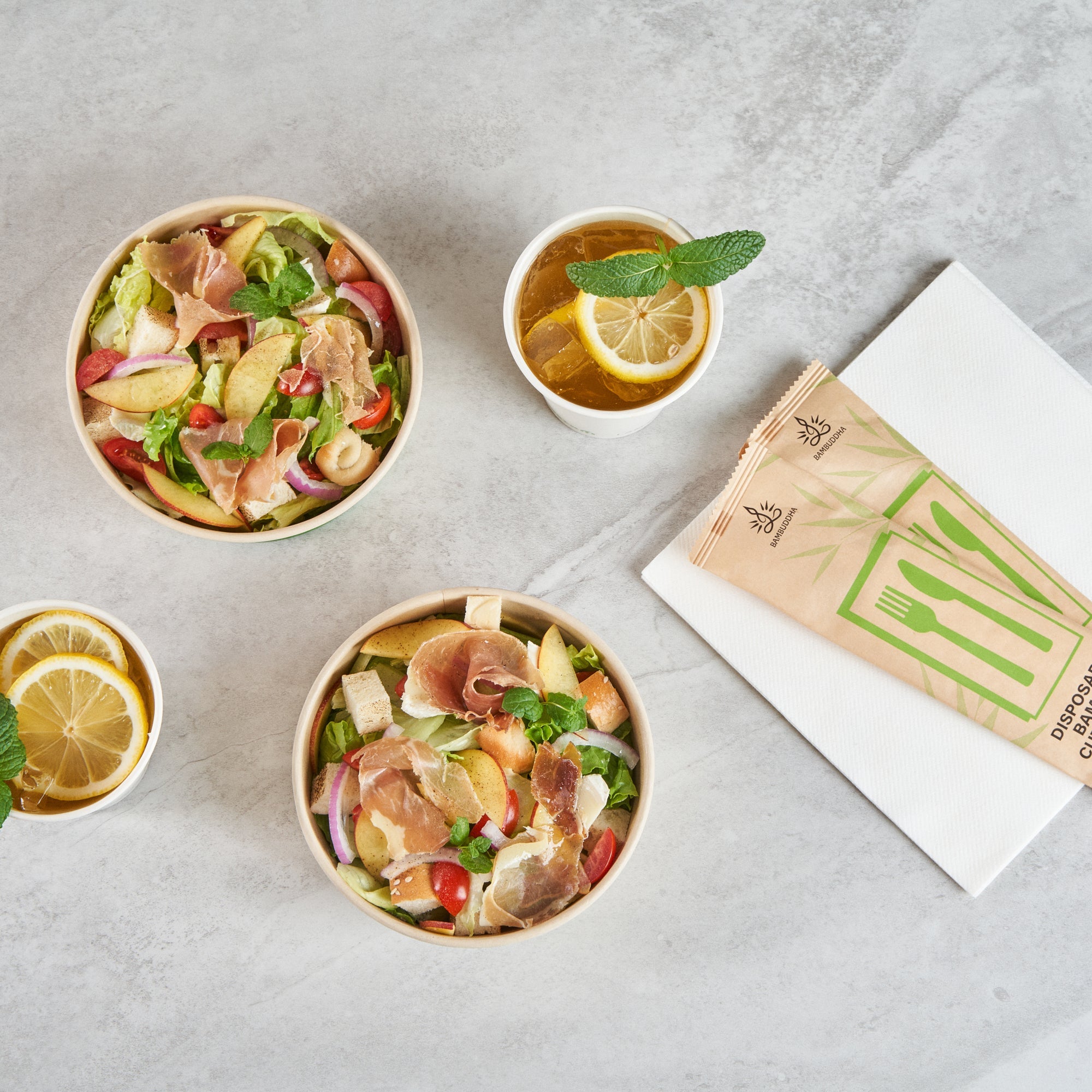 Sustain 25 oz Round Bamboo Paper Salad Container - with PLA Lining, Compostable - 6" x 6" x 2 1/2" - 50 count box