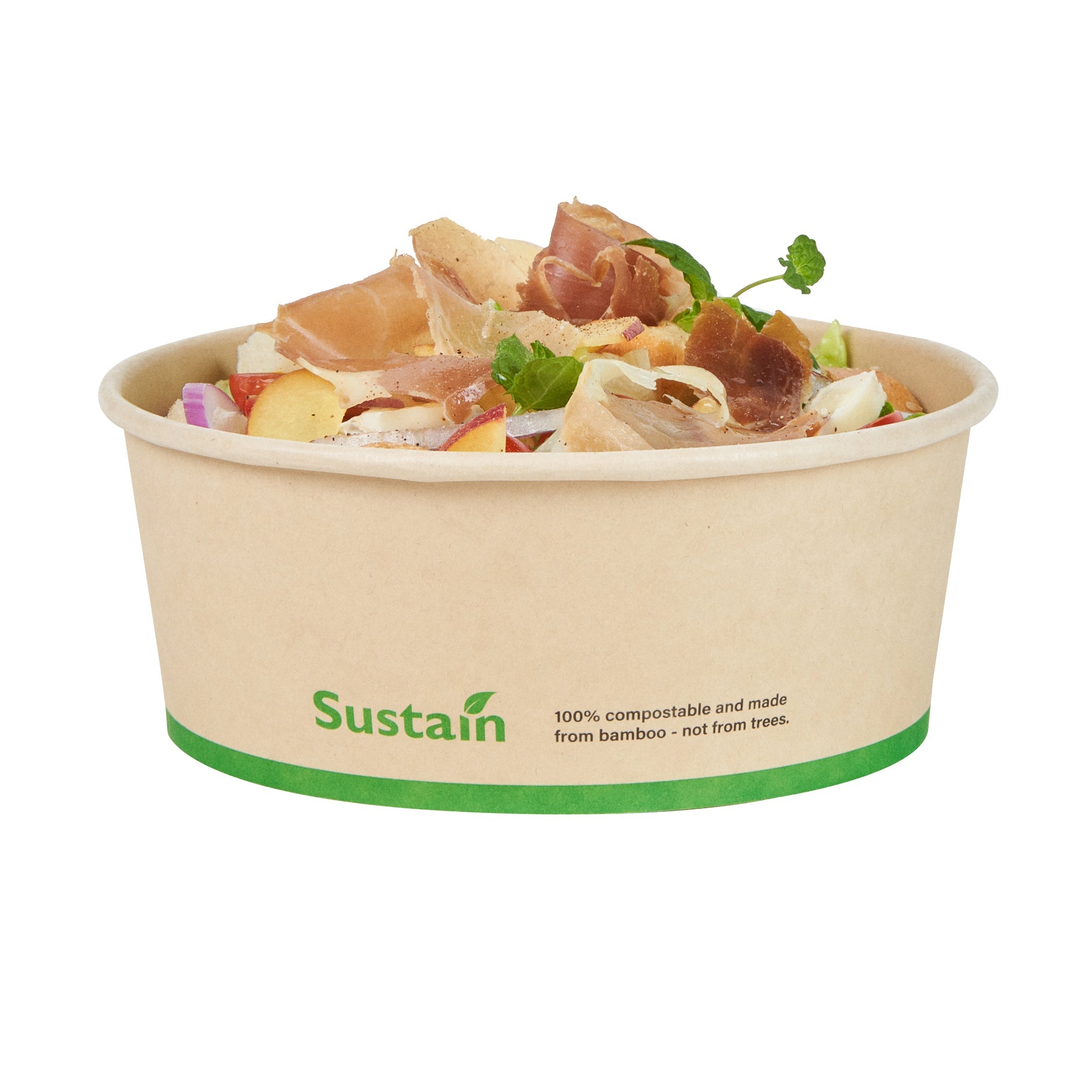 Sustain 25 oz Round Bamboo Paper Salad Container - with PLA Lining, Compostable - 6" x 6" x 2 1/2" - 200 count box