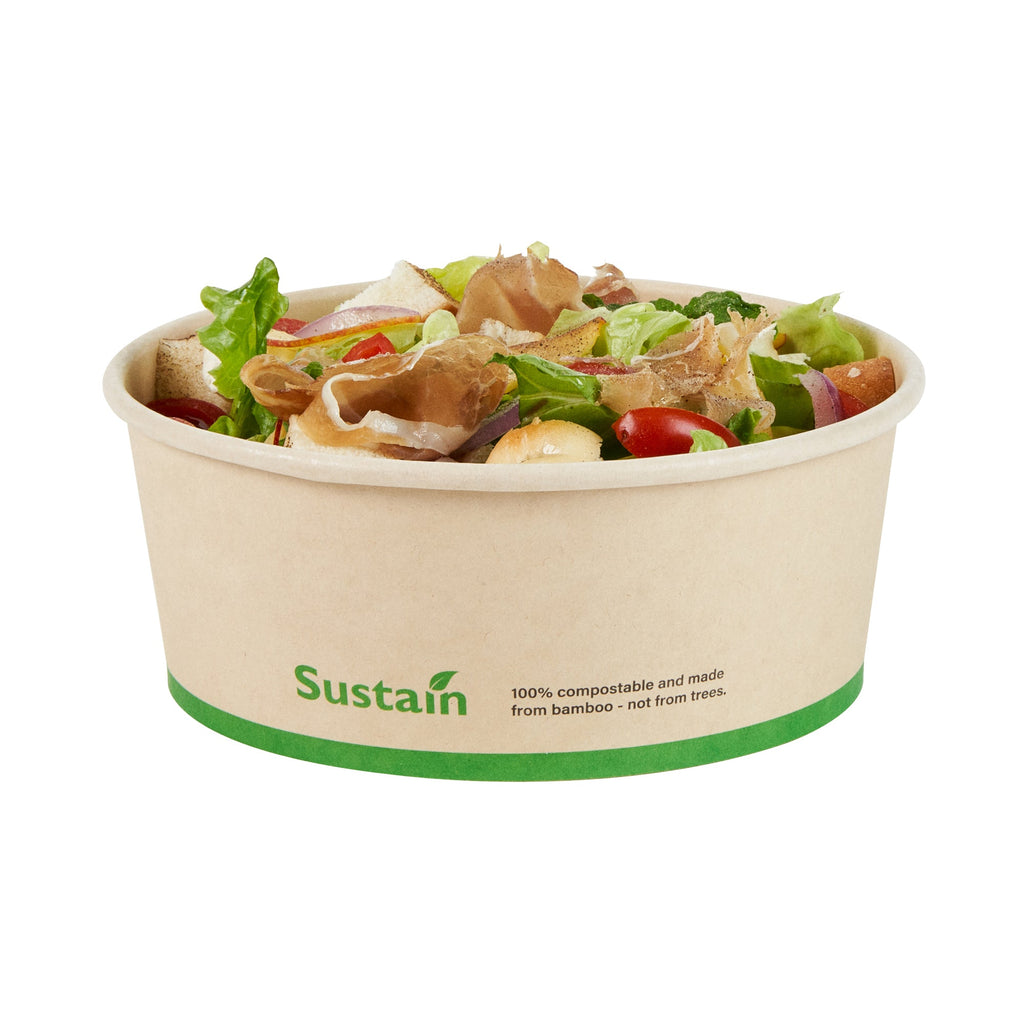 Sustain 25 oz Round Bamboo Paper Salad Container - with PLA Lining, Compostable - 6" x 6" x 2 1/2" - 200 count box