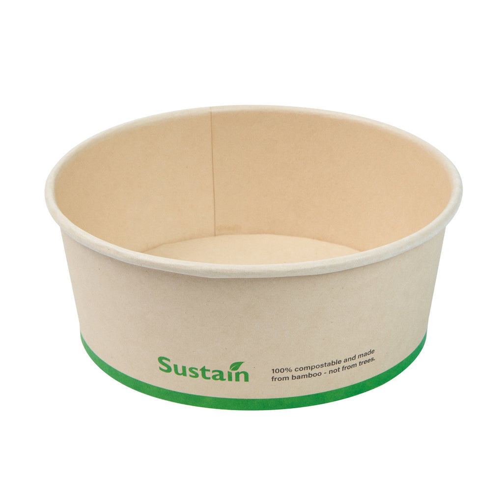 Sustain 25 oz Round Bamboo Paper Salad Container - with PLA Lining, Compostable - 6" x 6" x 2 1/2" - 200 count box